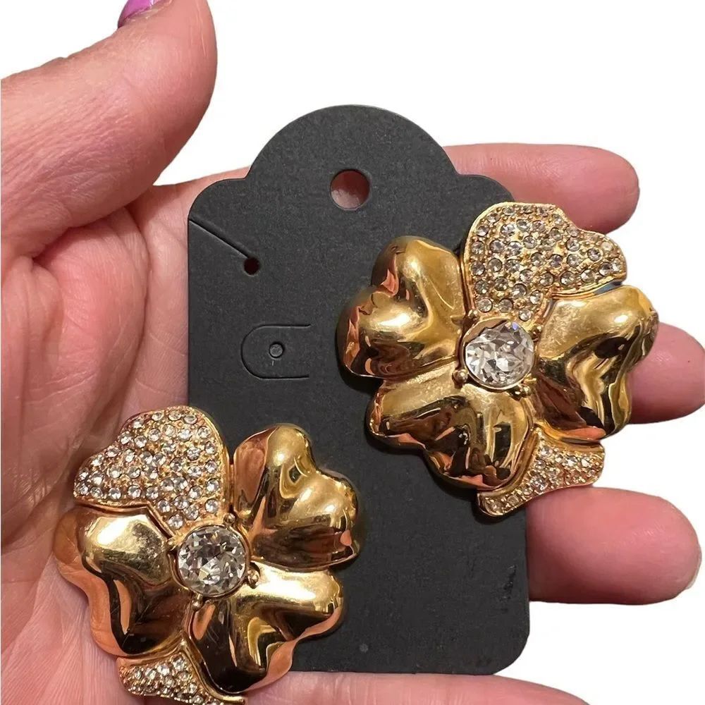 Monet Vintage Gold Rhinestone Flower Clip On Earrings